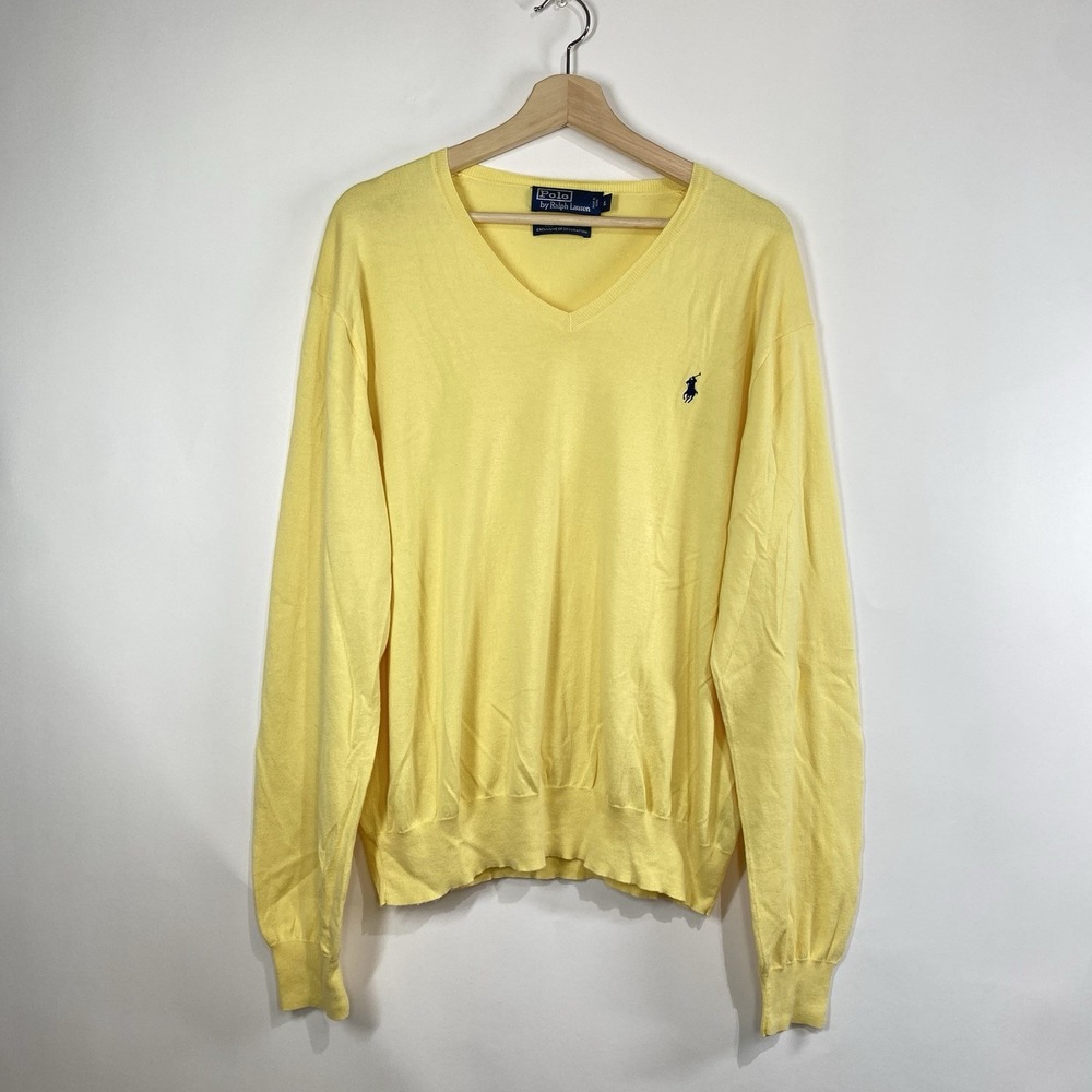 Polo Ralph Lauren Men's Pima Cotton Sweater Size L Yellow Preppy Classic V Neck
